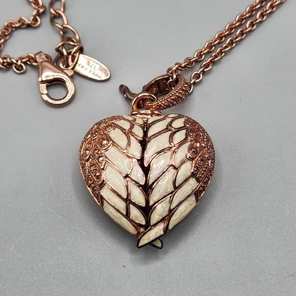 Rose Gold Plated Angel Wing Heart Locket Necklace 925 Thailand 26.35 19" Chain - Picture 1 of 10